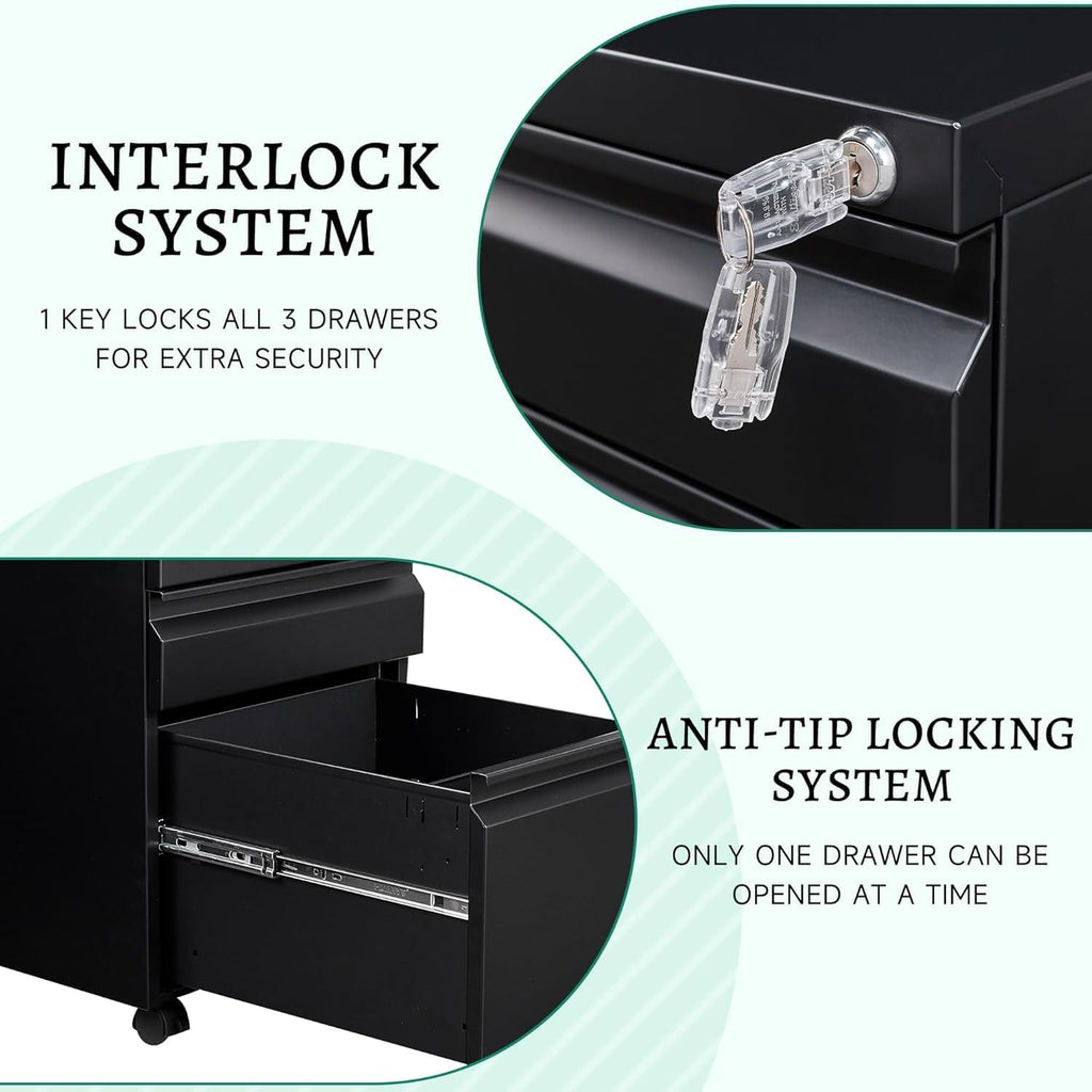3 Drawer Mobile File Cabinet with Lock, Under Desk Metal Rolling Filing Cabinets Organizer Letters/Legal/A4 (Black