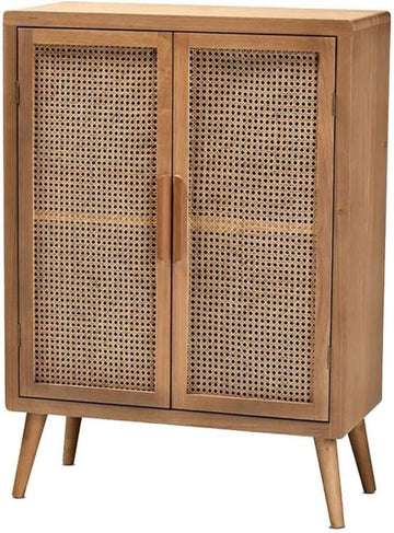 Mid-Century Wood/Rattan 2-Door Storage Cabinet, Oak Finish, 44.29" H x 31.5" W x 14.17" D, Adjustable Shelves, Angled