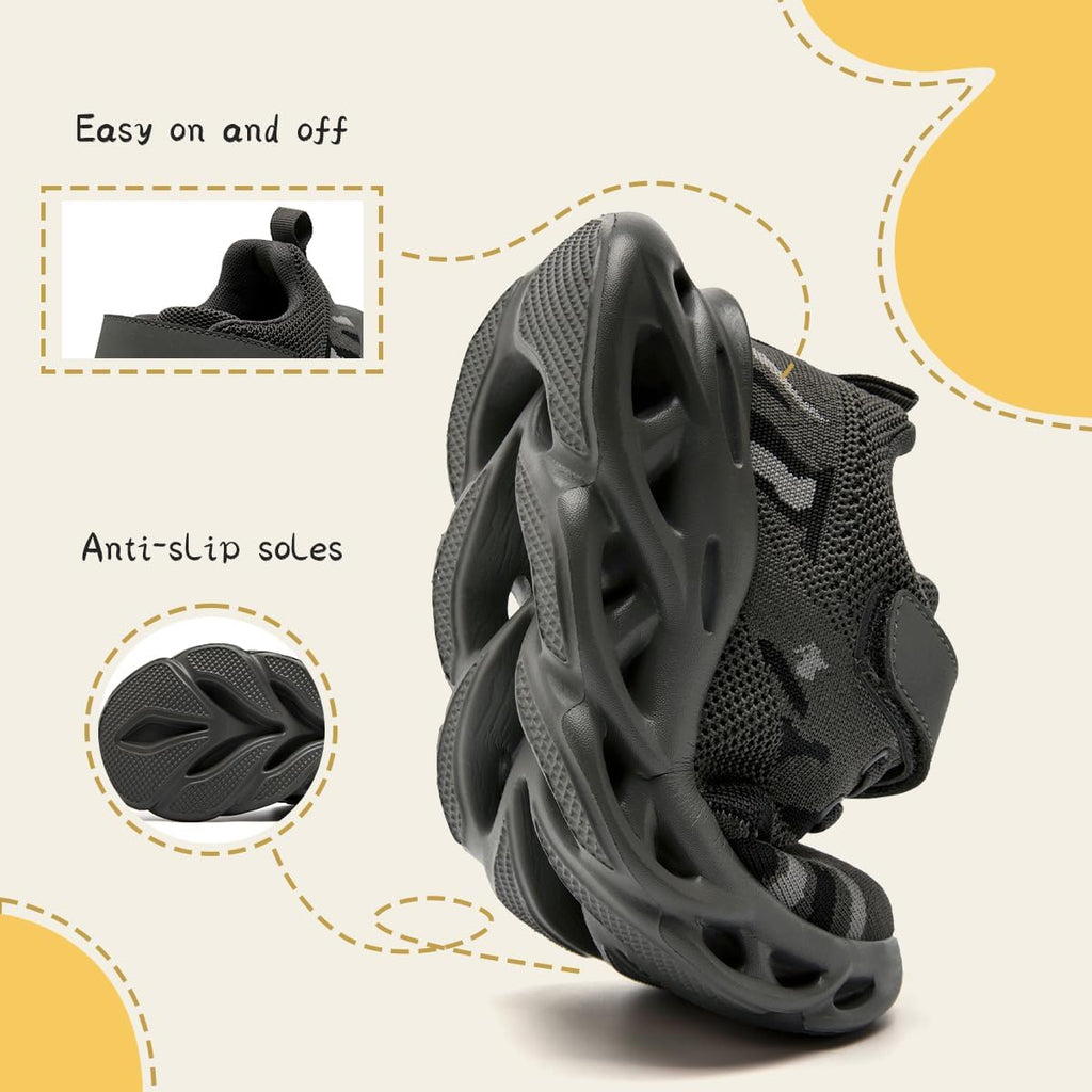 Kids Camo Sneakers for Boys - Lightweight Mesh Athletic Shoes with Hook & Loop Closure, Non-Slip Sole, Breathable