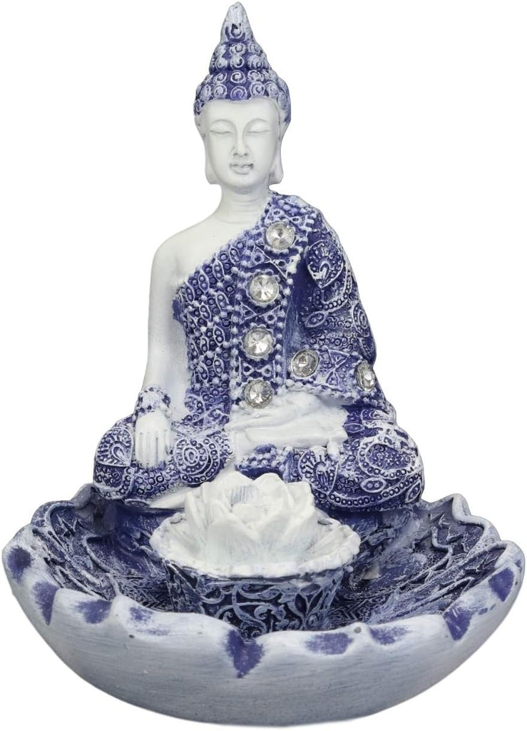 Bhumisparsha Mudra Buddha Amitabha Meditating by Padma Lotus Flower Incense Holder Burner Figurine in Terracotta Blue