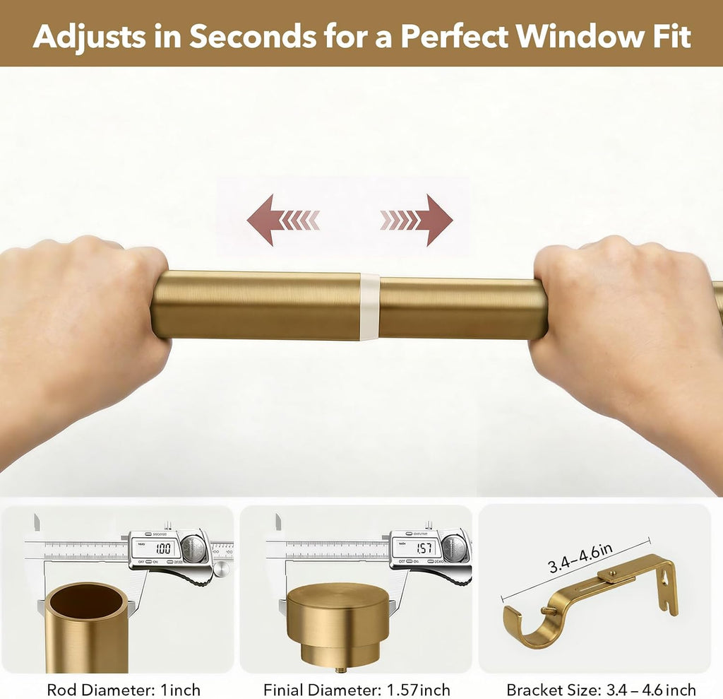 Brass Curtain Rods for Windows 32 to 60 Inch,1 Inch Heavy Duty Brush Gold Window Curtain Rod with Solid Metal Finials