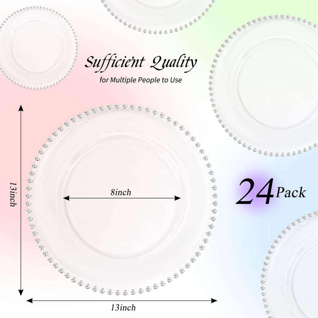 24 Pack Clear Charger Plates with Silver Beaded Rim 13 Inch
