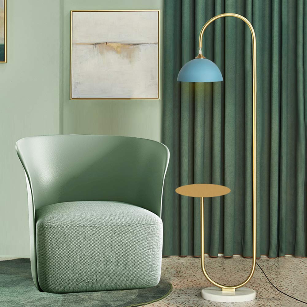 Modern Standing Light Floor Lamp with a Table, High Floor Lamp for Reading - Brushed Brass Finish and Blue
