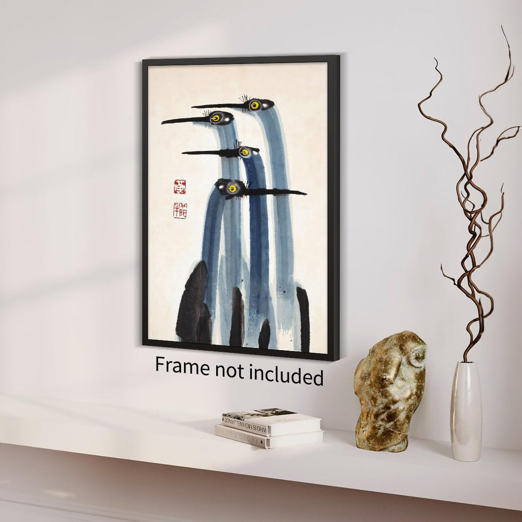 Vintage Japanese Crane Poster Antique Asian Bird Canvas Wall Art Blue Minimalist Animal Watercolor Prints for Country