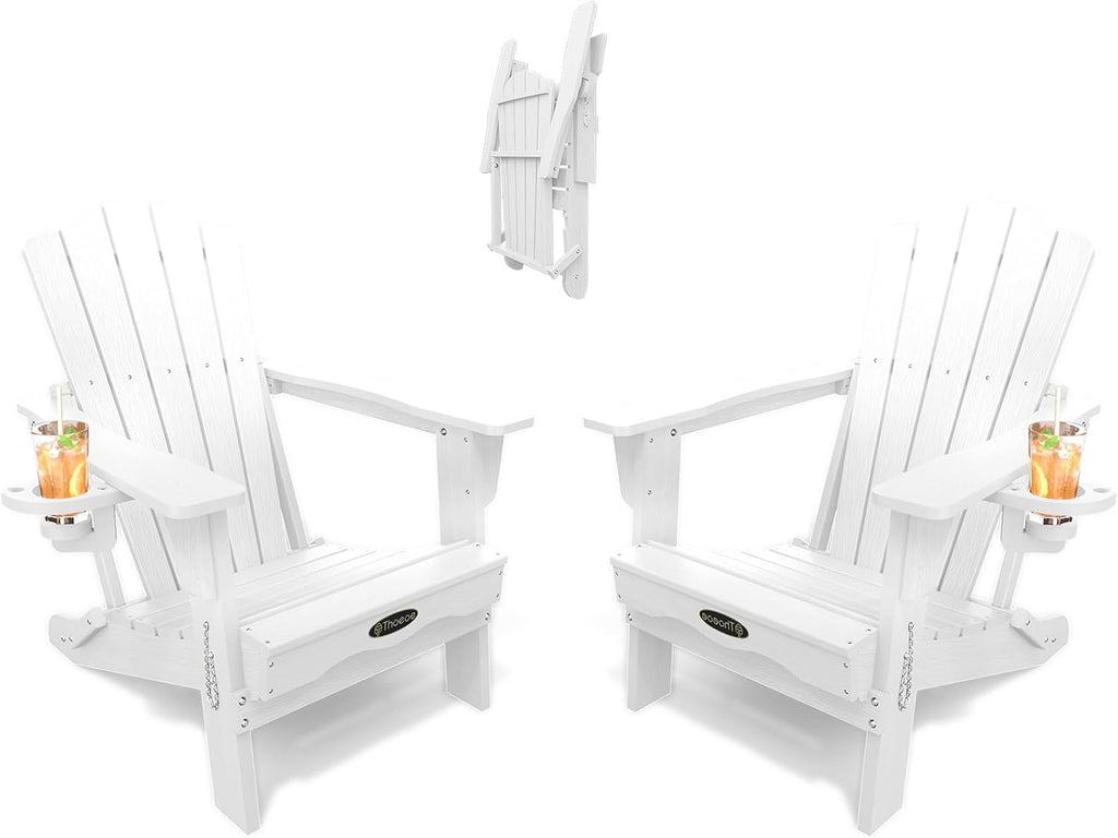 Folding Adirondack Chair Set of 2, HDPE Outdoor Chairs, Patio Chairs | All-Weather Fire Pit Chair Set of 2, with Cup