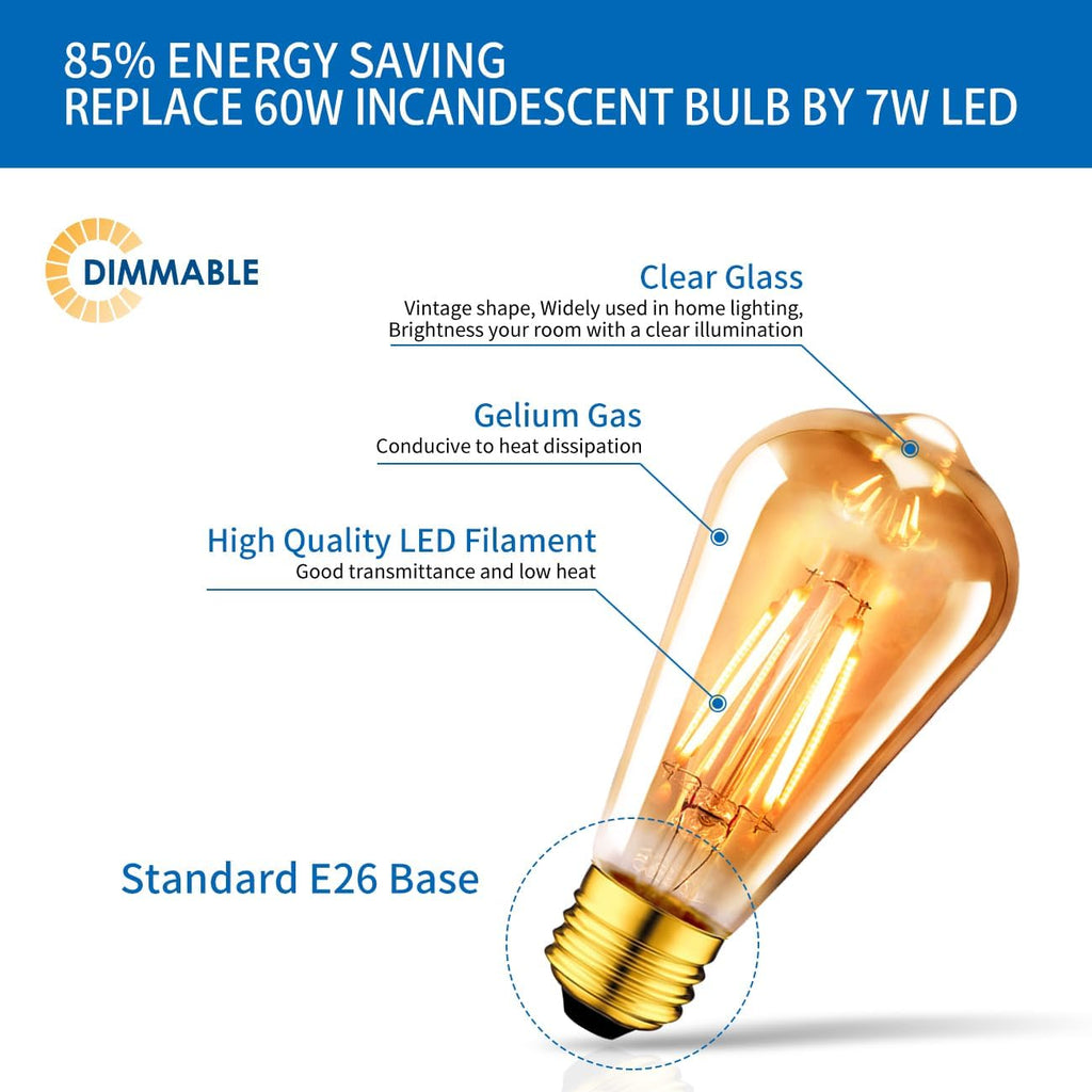 Dimmable Vintage Edison Light Bulb, 60 Watt Equivalent, Amber Glow