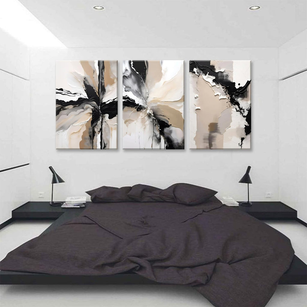 Framed Black and Brown Abstract Geometric Canvas Wall Art Modern Grey White Beige Print Poster Set of 3 Painting