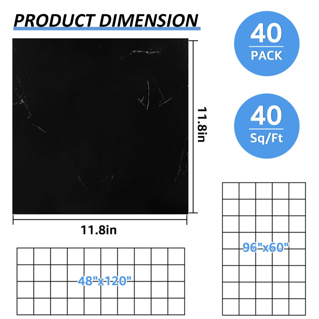 40 Sheet Vinyl Flooring 12 x 12 Inch Peel and Stick Floor Tile Waterproof Black Marble Vinyl Floor Tiles Clearance