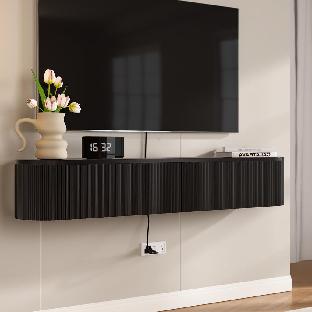 Fully Assembled 47 Inch Floating TV Stand with 2 Flip-Down Doors, Matte Black Wall Mounted Media Console, Modern