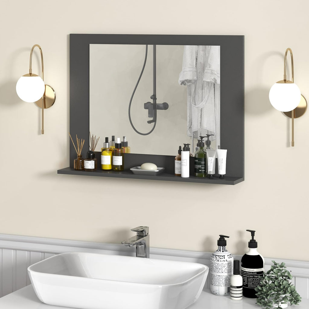 Bathroom Mirror with Shelf, 23.5" x 17.5" Rectangle Wood Frame Bathroom Vanity Mirror for Over Sink, Wall Mounted