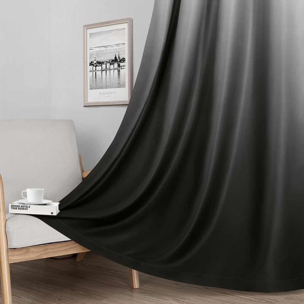 Black 100% Ombre Blackout Curtains, 52 X 84 Inches Long Room Darkening Gradient Light Blocking Thermal Insulated