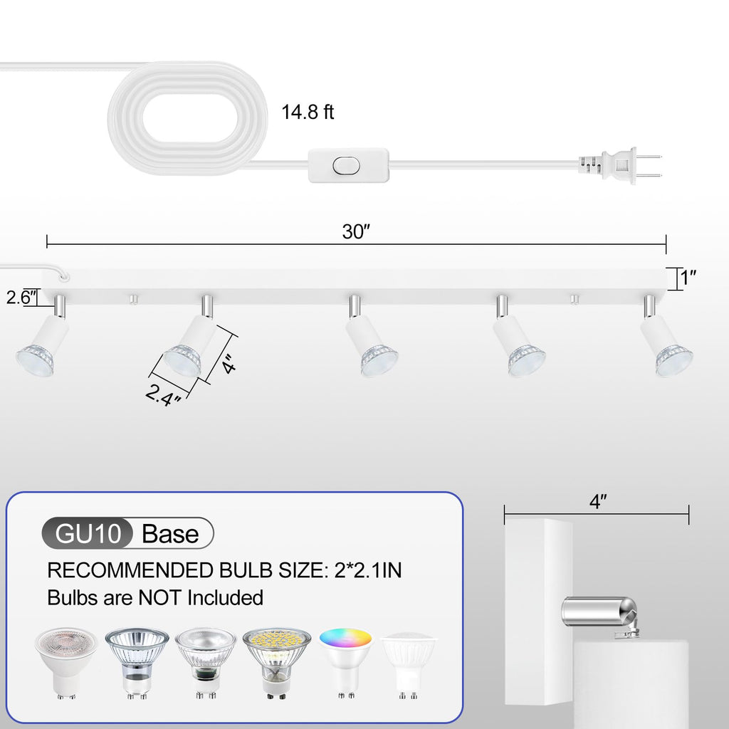 Plug in Track Light, White, 30", 5 Way GU10 Track Ceiling Lighting
