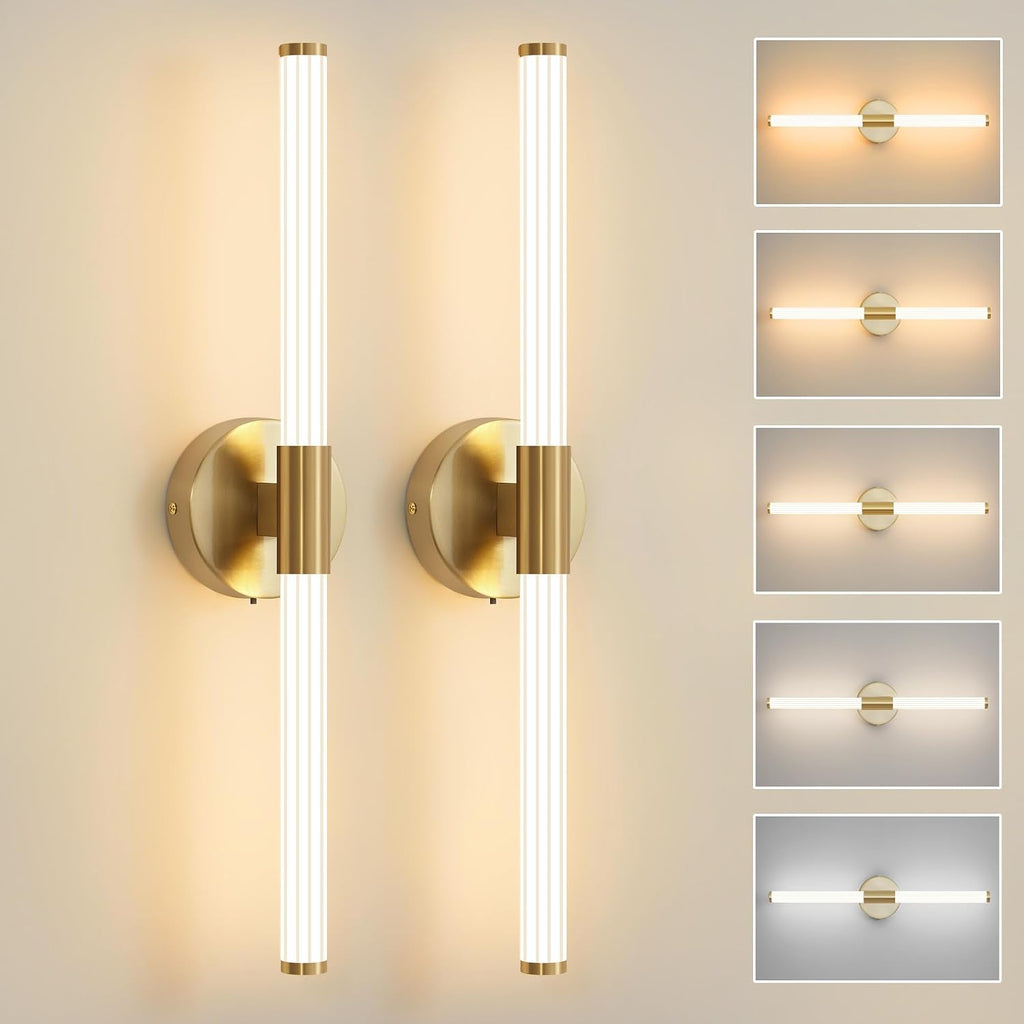 Gold Wall Sconces Set of Two Hardwired LED Vanity Light 23" | Dimmable 5CCT LED Bathroom Light Fixtures, 360° Full