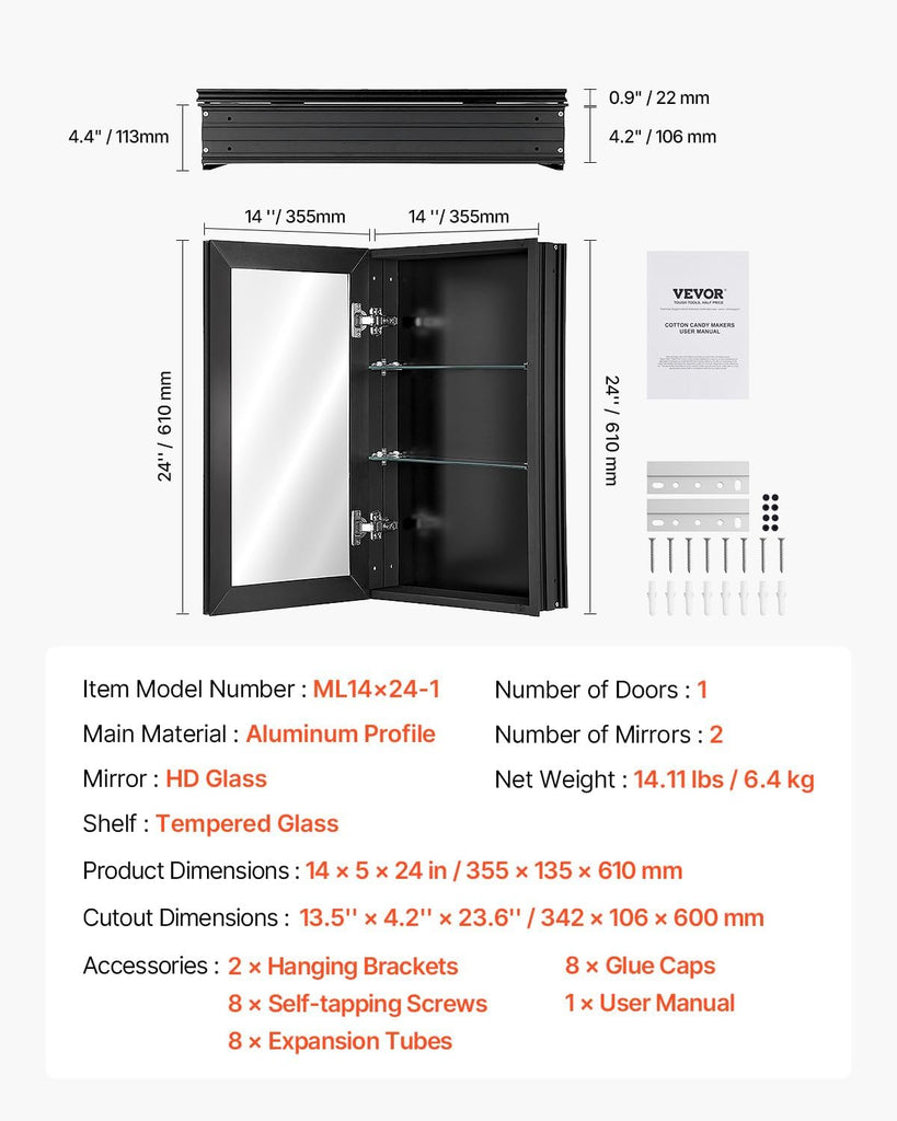 Medicine Cabinet, 14 x 24 inches, Medicine Cabinet with Mirror, Aluminum Frame Bathroom Wall Cabinet, 2-Layer