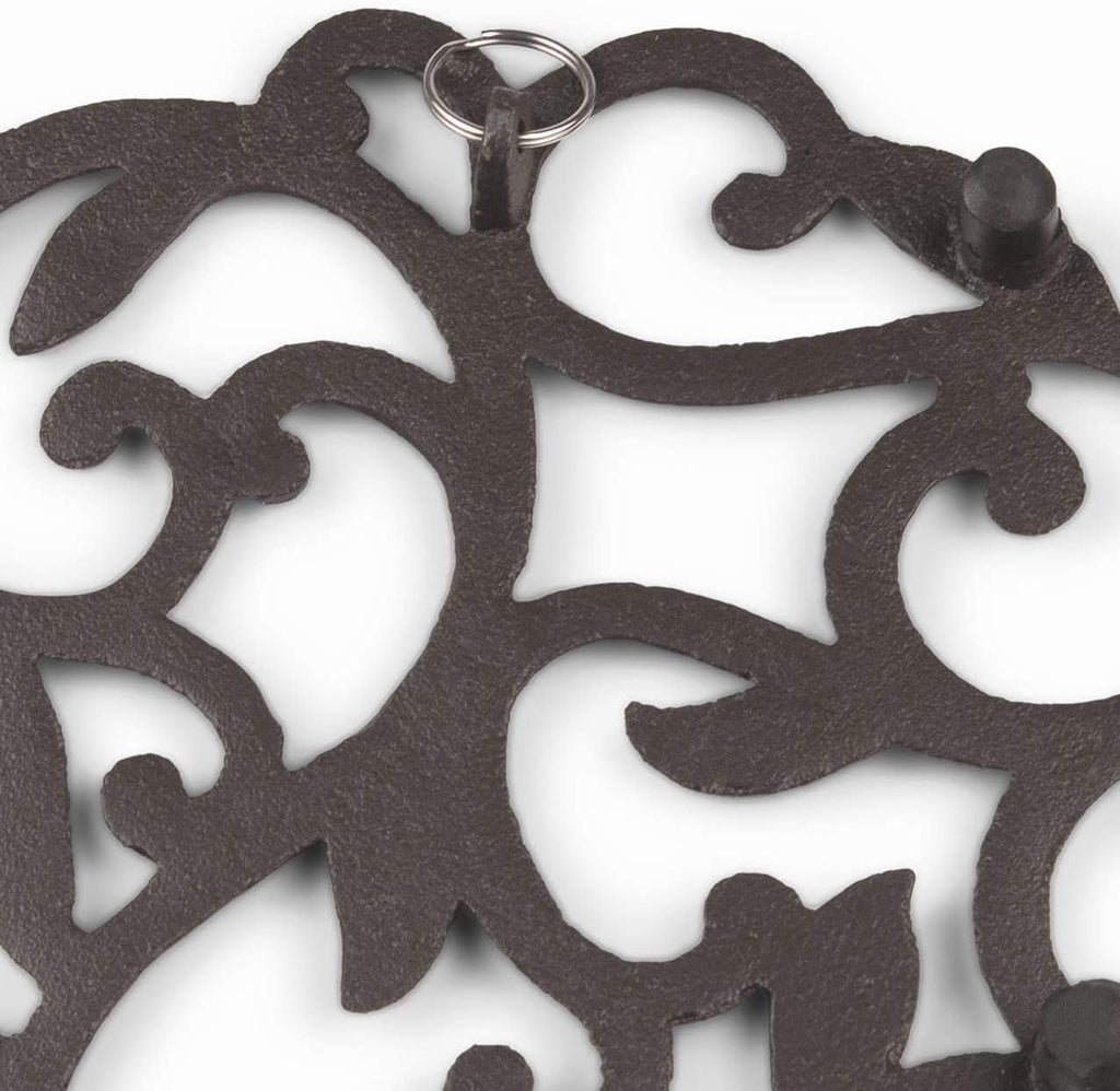Cast Iron Trivet for Hot Dishes, Pots, and Pans, Metal Trivet, Vine Design, Rubber Feet Caps, Ring Hanger, 8 Inches