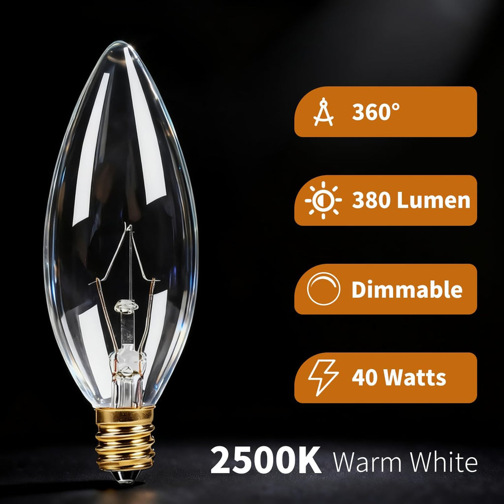 E12 Candelabra Light Bulbs 40W, Dimmable Warm White 2500K Chandelier Light Bulbs for Ceiling Fan or Pendants
