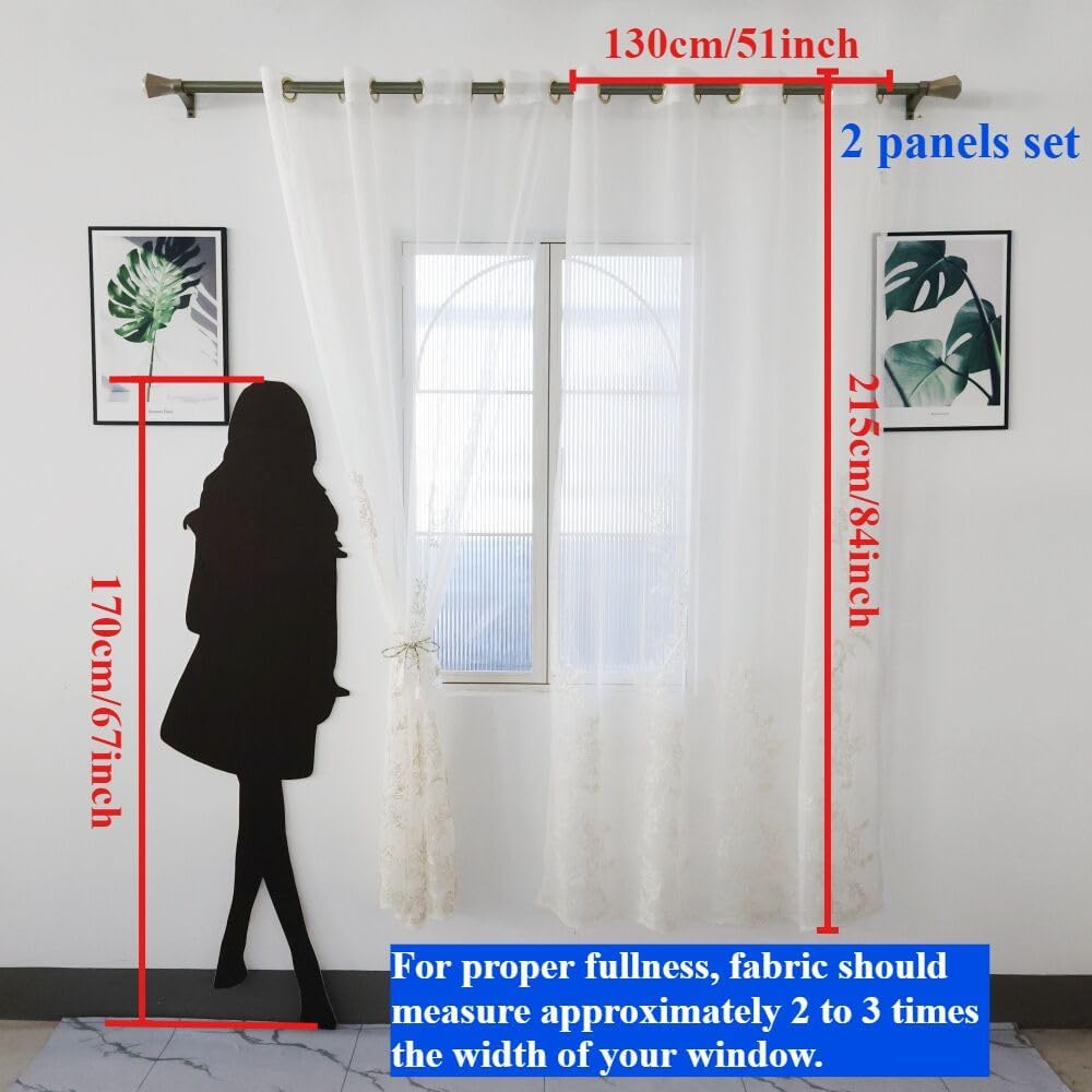 1 Pair Luxury Embroidered Tulle Curtains Wedding 3D Gold Flower Sheer Curtains (White,51x96 Inch)