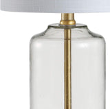 19.5" Brass Gold and Clear Glass Table Lamp, Glam Transitional Bedside Lamp Nightstand, White Linen Drum Shade