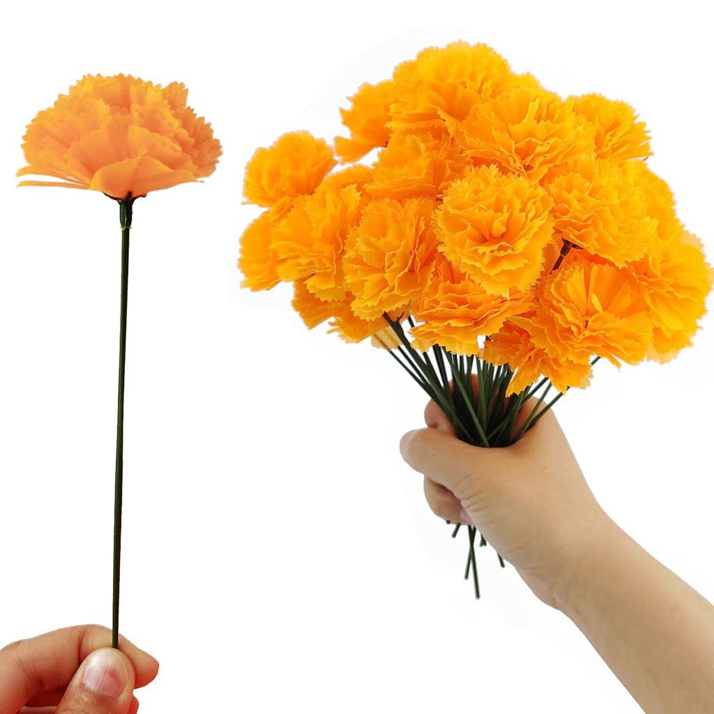 Marigold Flower Heads Bulk, Silk Marigold with Stems Artificial Flowers for Diwali Home Decor Day of The Dead