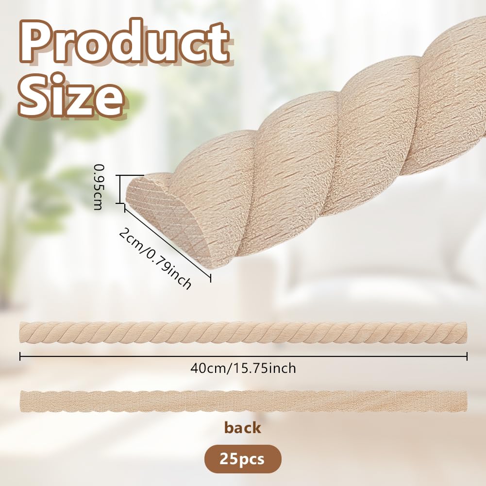 25Pcs 3D Decorative Wood Trim Molding Twisted Unfinished DIY Trims 15.8 Inch Half Wooden Trim Molding Decorative Wood