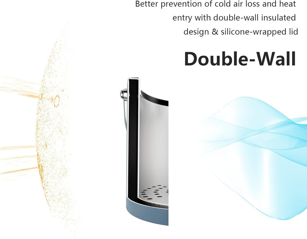 3L Ice Bucket with Silicone Lid, Scoop, Tongs & Strainer, Stainless Steel Double Wall Insulated Ice Buckets