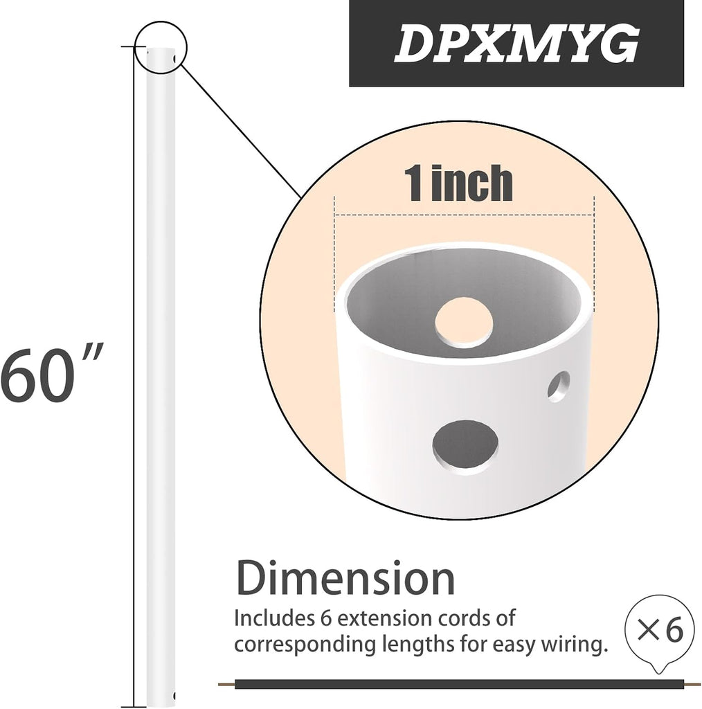60 inch Ceiling Fan Downrod with Extension Cord, 5 FT White Downrod for Ceiling Fan, 1 inch Outside Diameter