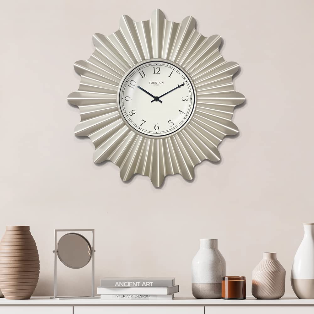 18" Mid Century Starburst Wall Clock, Morning Silver