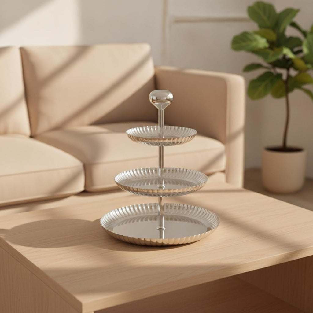3 Tier Serving Tray Fluted Tiered Serving Stand with Handle Decorative Tiered Tray with Handle Entertaining