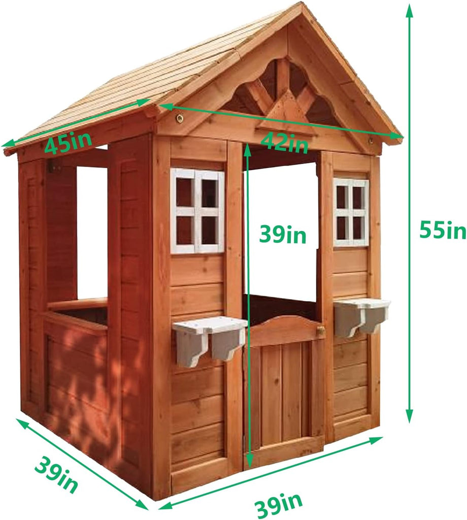 Kids Outdoor Playhouse, Wooden - 42"x46"x55", Golden Red | 100% Fir Wood, Rot-Resistant, 2 Windows + Flowerpot