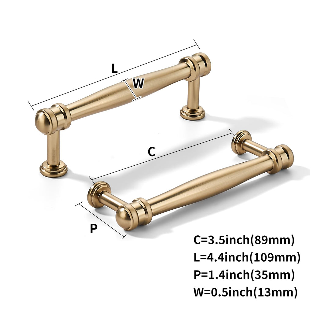 10 Pack 3-1/2inch(89mm) Hole Center Brushed Brass Cabinet pulls Satin Brass Solid Heavy-Duty Tradition Kitchen