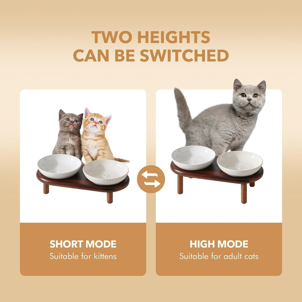Elevated Cat Bowls, Ceramic Cat Bowl with Wood Stand, Wide Opening