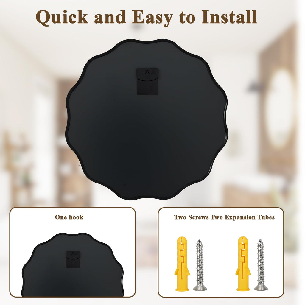Black Scalloped Circle Mirror, 24" Wavy Edge Round Wall Mirror