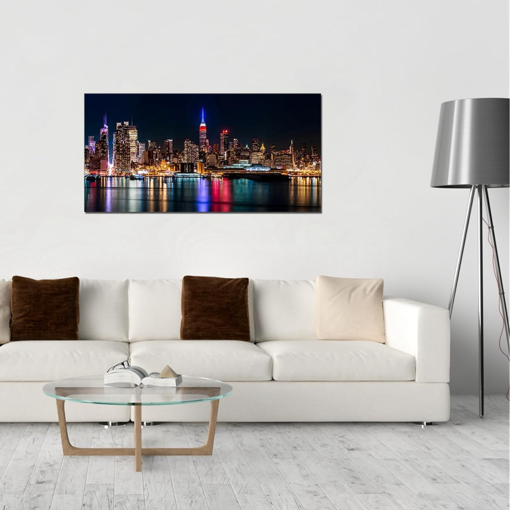 Large New York Manhattan Skyline at Night City Wall Art Landscape Living Room Modern Artwork Picture Canvas Art Print