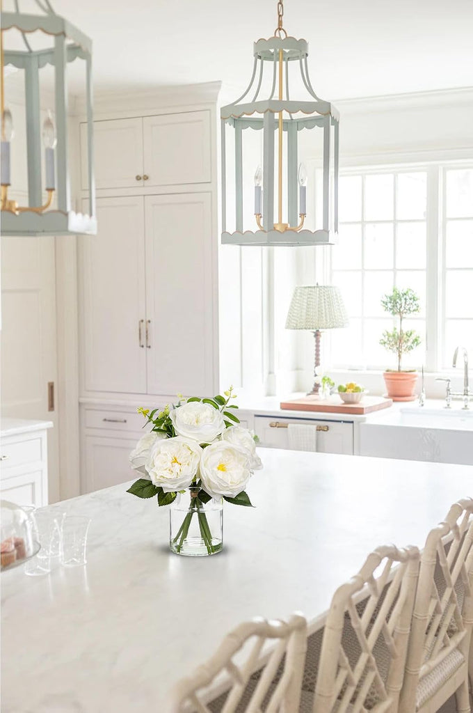 Real Touch Peonies Artificial Flowers Arrangements in Vase White Fake Peonies with Glass Vase Silk David Austin Roses
