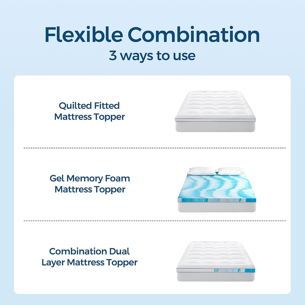 Premium Dual Layer 4 Inch Memory Foam Mattress Topper, 2 Inch Gel Memory Foam and 2 Inch Pillow Top Mattress Pad