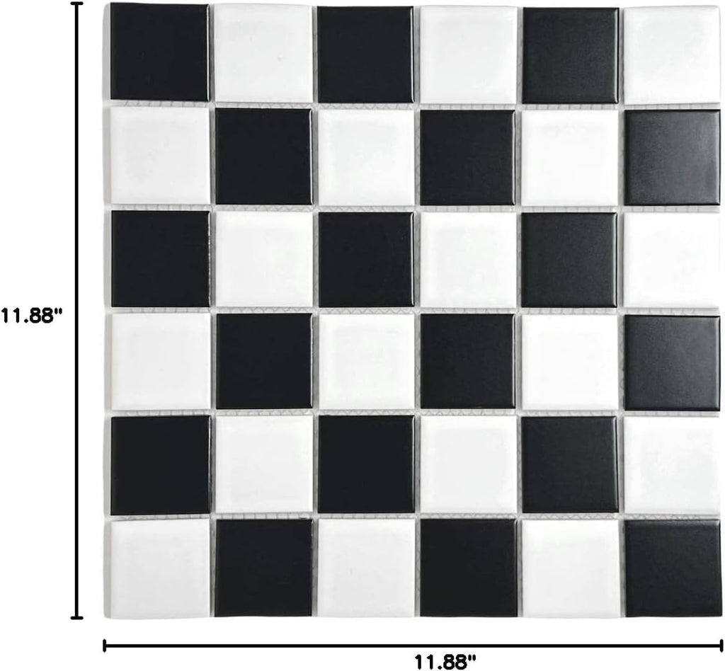 2x2 Black & White Checkered Porcelain Mosaic Tile Glazed 12x12 Mesh Backsplash Bathroom Shower Wall Floor Accent