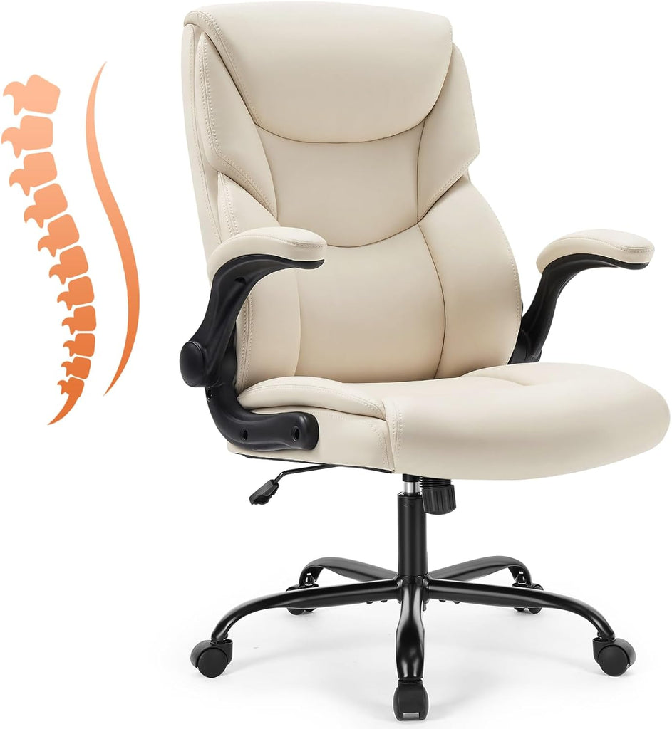 Office Executive Chair - Heavy Duty High Back Home Desk Chair with Flip-up Armrest, PU Leather, Height Adjustable &