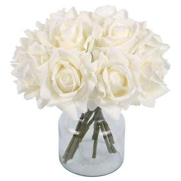 White Roses Artificial Flowers, 2 Bouquets 10PCS Real Touch Faux Roses with Stems for Wedding Party Home Table