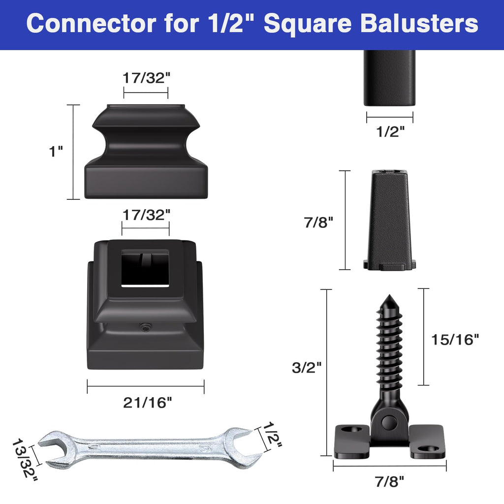 10-Pack Baluster Connectors with Flat Shoes Adjustable Height and Angle Connectors for 1/2'' Square Balusters for