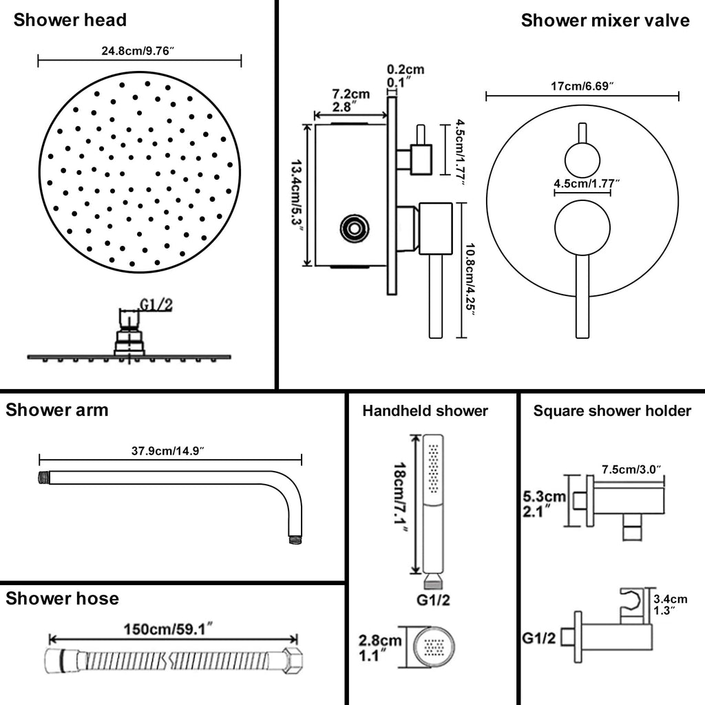 Shower System with 10 Inch Round Rain Shower Head and Handheld Wall Mounted, High Pressure Rainfall Heads Shower
