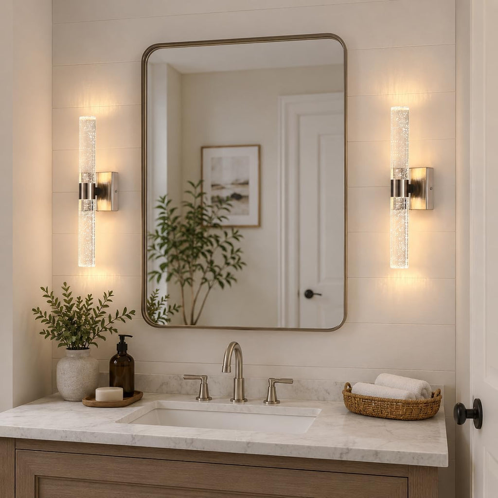 Modern Wall Sconces Set of Two, 3CCT Crystal Bathroom Sconces Wall Light, Brushed Nickel Vanity Light Fixture, Sconce