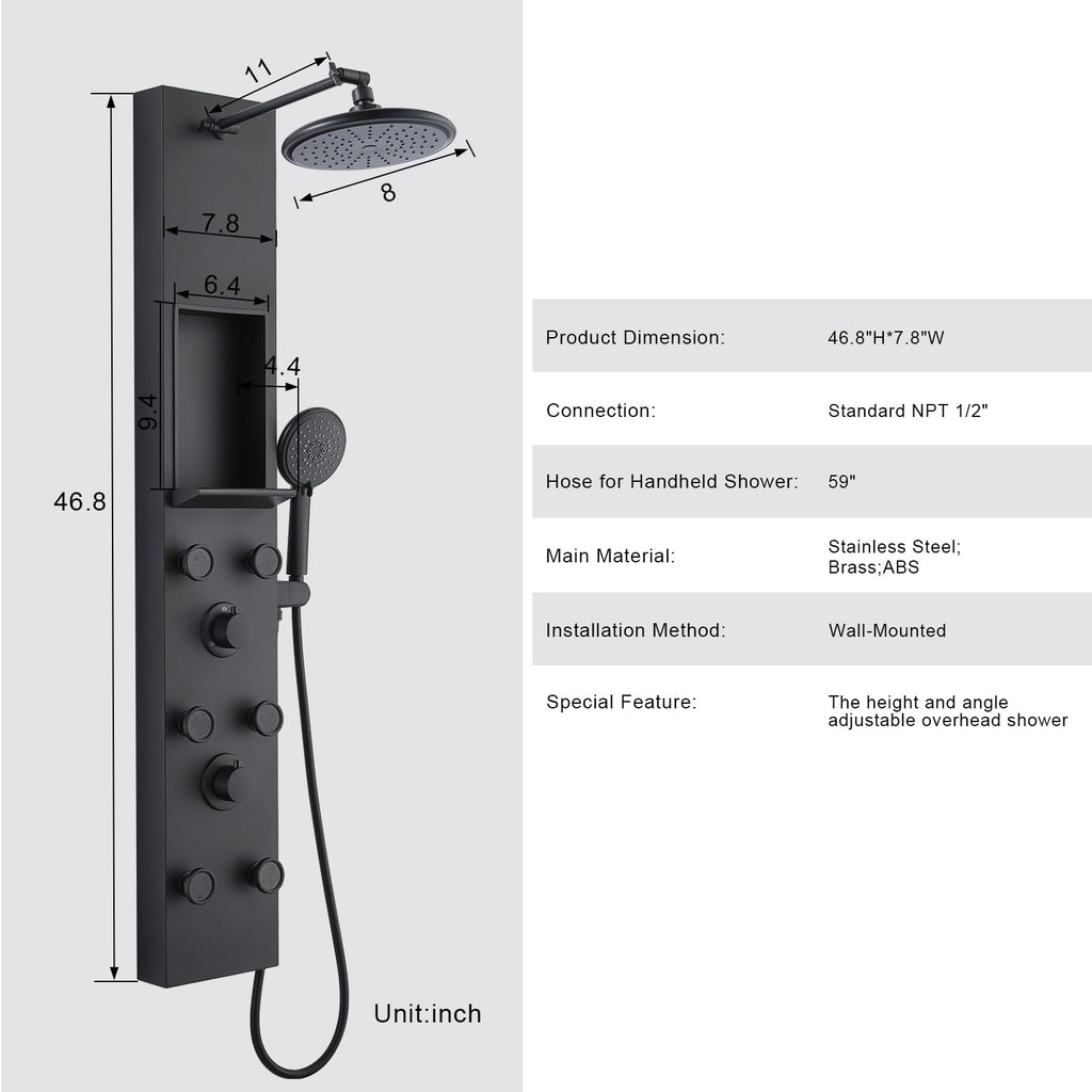PF Shower Panel Tower Adjustable Shower Arm Height Rainfall Head System