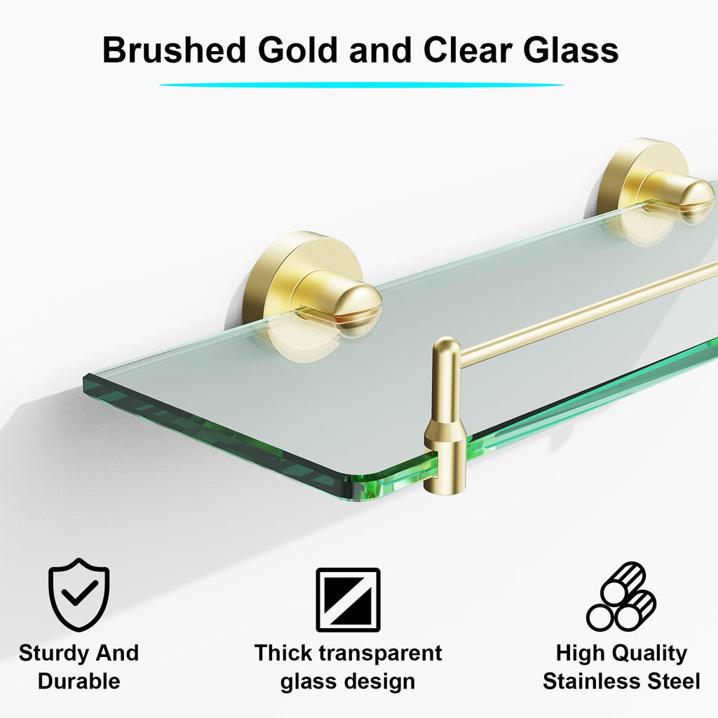 Glass Bathroom Shelves, Brushed Gold Floating Shelves for Wall Rectangular Modern Stainless Steel Glass Shelf Shelves