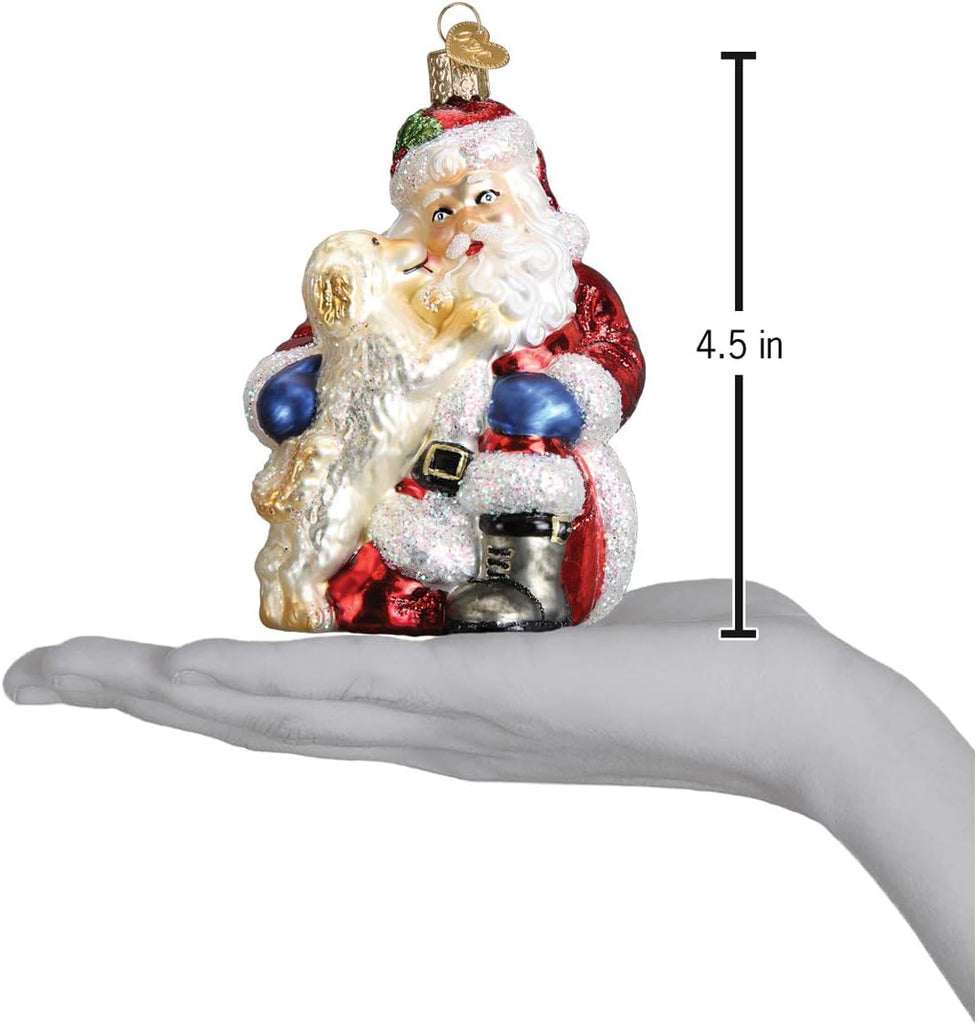 Santa's Puppy Love Glass Blown Ornament, Handcrafted Holiday Decoration, Santa Collection