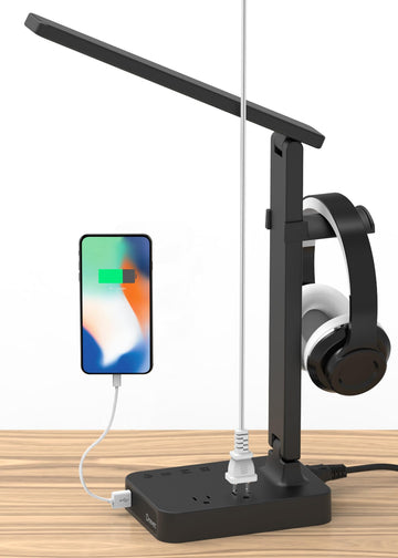 LED Desk Lamp with Headphone Stand, Desk Light with 1 USB Charging Port and 2 AC Power Outlet, 3 Lighting Modes, 3