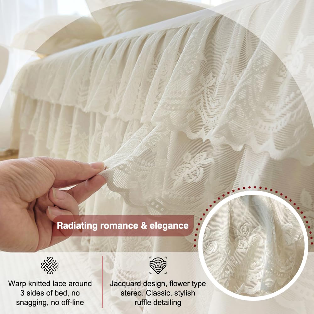 Three Layers Lace Bed Sheet Skirt for Bed - 17in. Drop, Ruffle Bed Skirt Wrap Around Bed Skirt, Anti Wrinkle