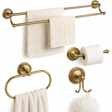 Antique Brass Bathroom Hardware Set 4 Piece, Vintage Brass Bath Accessories Kit with Double Towel Bar, Toilet Paper