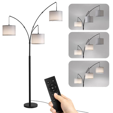 Floor lamp with Remote, 3 Light Arc Floor Lamps, 2400LM Tall Standing Floor Lamps with Gray Shades, 80" Large Floor