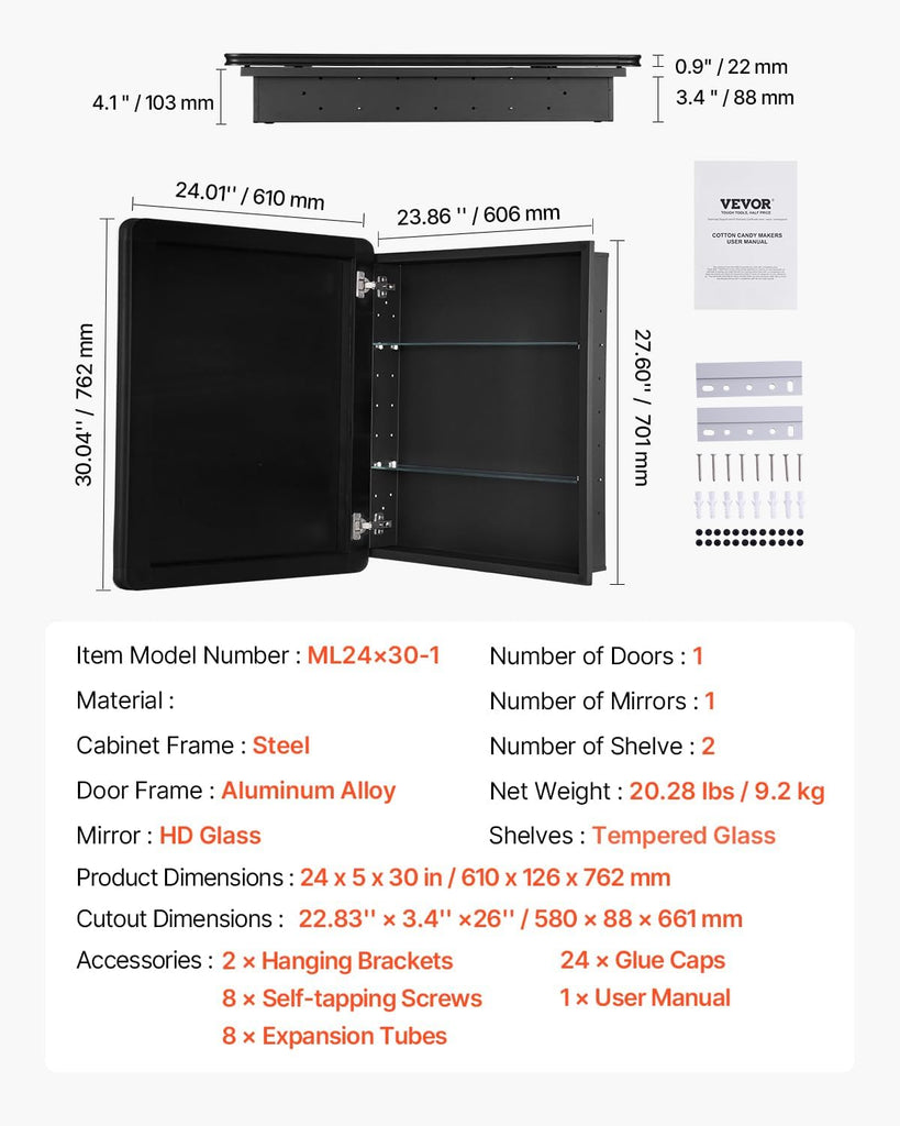 Medicine Cabinet, 24 x 30 inch, Medicine Cabinet with Mirror, Aluminum Frame Bathroom Wall Cabinet, 2-Layer