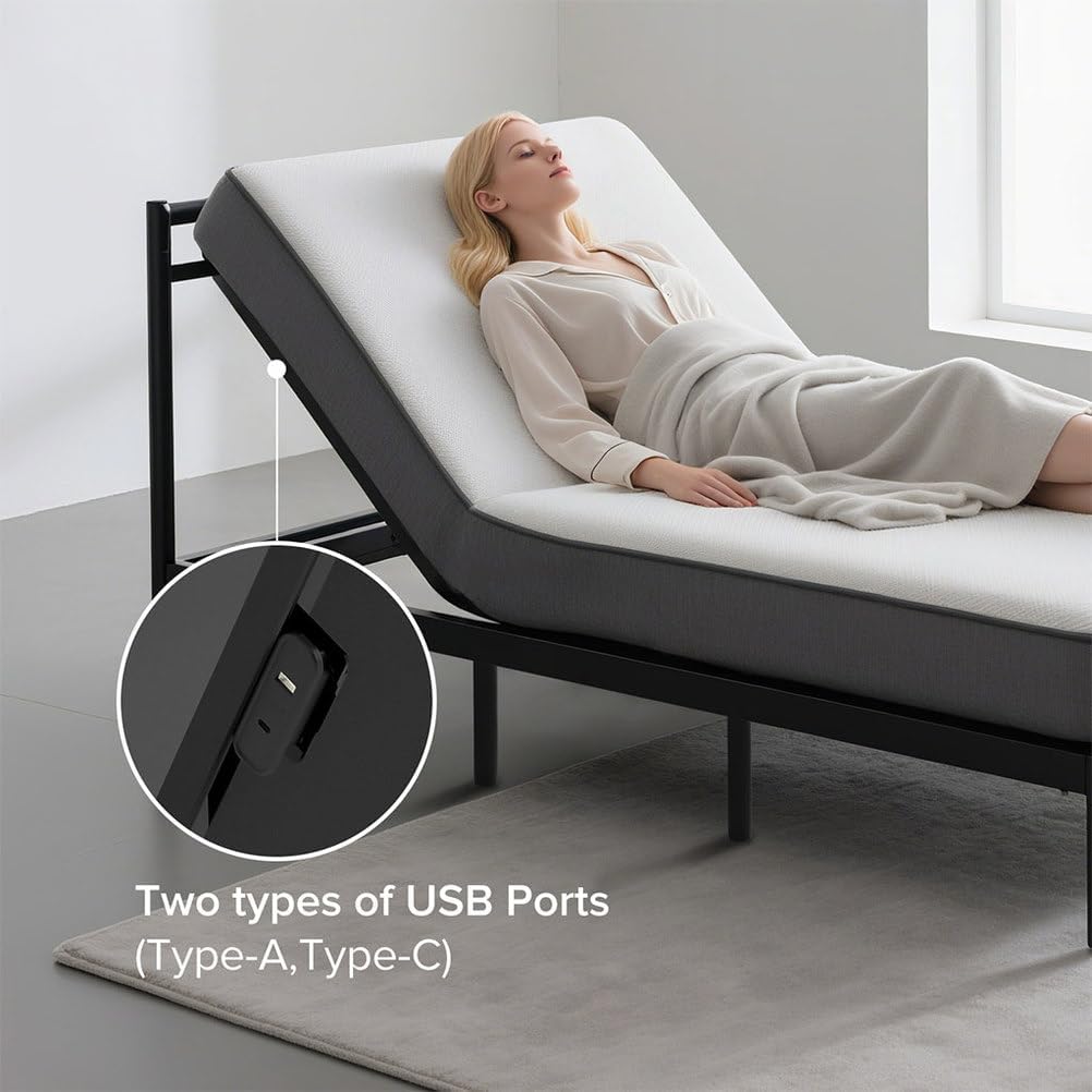 King Adjustable Bed Frame with Massage, Wireless Remote, Under-Bed Nightlight & USB Ports, Zero Gravity Electric Bed